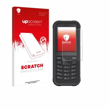 Parte frontal de un envase de producto con el logotipo de la marca upscreen. Al lado se muestra el dispositivo Sonim XP100 con