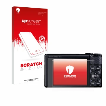 Parte frontal de un envase de producto con el logotipo de la marca upscreen. Al lado se muestra el dispositivo Canon PowerShot