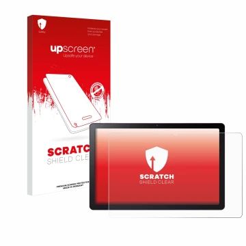 Parte frontal de un envase de producto con el logotipo de la marca upscreen. Al lado se muestra el dispositivo Acer Iconia Tab
