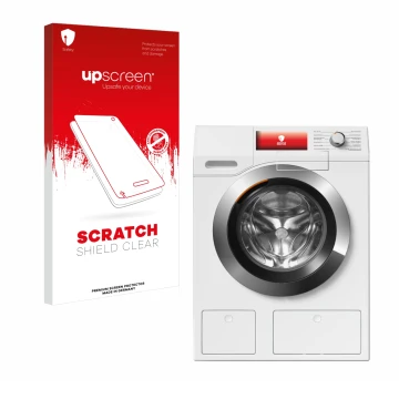 Parte frontal de un envase de producto con el logotipo de la marca upscreen. Al lado se muestra el dispositivo Miele WEH875 co