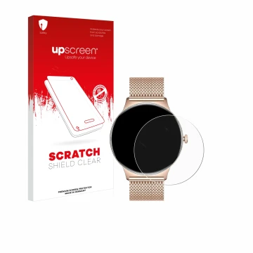 Parte frontal de un envase de producto con el logotipo de la marca upscreen. Al lado se muestra el dispositivo LIGE FV12 1.43