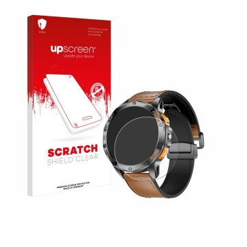 Parte frontal de un envase de producto con el logotipo de la marca upscreen. Al lado se muestra el dispositivo Dremac DM1-F 1.