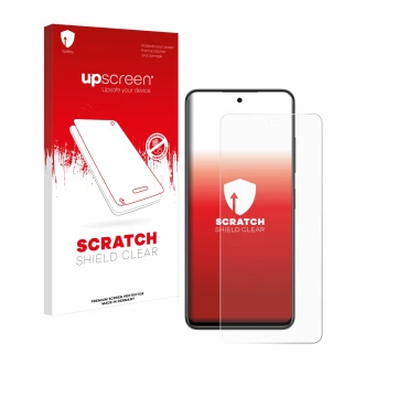 Parte frontal de un envase de producto con el logotipo de la marca upscreen. Al lado se muestra el dispositivo Nubia Focus 5G 