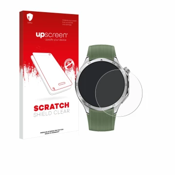 Parte frontal de un envase de producto con el logotipo de la marca upscreen. Al lado se muestra el dispositivo OnePlus Watch 3