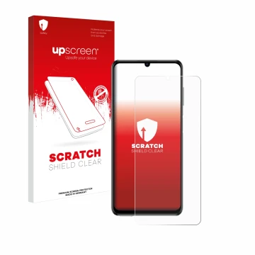 Parte frontal de un envase de producto con el logotipo de la marca upscreen. Al lado se muestra el dispositivo ZTE Blade V40 V