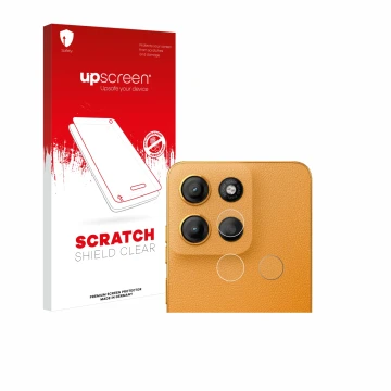 Parte frontal de un envase de producto con el logotipo de la marca upscreen. Al lado se muestra el dispositivo Motorola Moto G