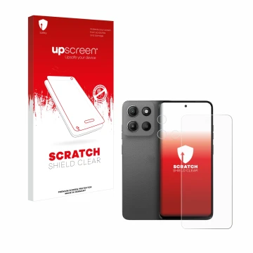 Parte frontal de un envase de producto con el logotipo de la marca upscreen. Al lado se muestra el dispositivo Motorola Moto G