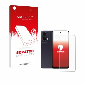 Parte frontal de un envase de producto con el logotipo de la marca upscreen. Al lado se muestra el dispositivo Motorola Moto G