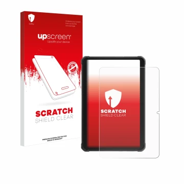 Parte frontal de un envase de producto con el logotipo de la marca upscreen. Al lado se muestra el dispositivo Hotwav R8 con s