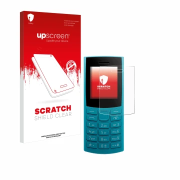 Parte frontal de un envase de producto con el logotipo de la marca upscreen. Al lado se muestra el dispositivo Nokia 105 4G 2n