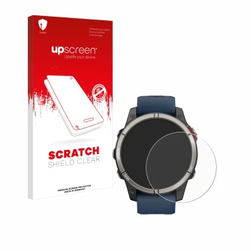 Parte frontal de un envase de producto con el logotipo de la marca upscreen. Al lado se muestra el dispositivo Garmin quatix 7