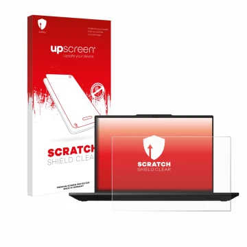 Parte frontal de un envase de producto con el logotipo de la marca upscreen. Al lado se muestra el dispositivo Lenovo ThinkPad