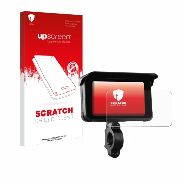 Parte frontal de un envase de producto con el logotipo de la marca upscreen. Al lado se muestra el dispositivo Midland Bike-Pl