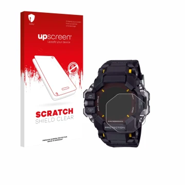 Parte frontal de un envase de producto con el logotipo de la marca upscreen. Al lado se muestra el dispositivo Casio G-Shock G