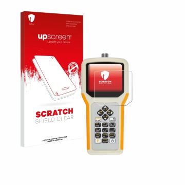 Parte frontal de un envase de producto con el logotipo de la marca upscreen. Al lado se muestra el dispositivo RigExpert AA-55