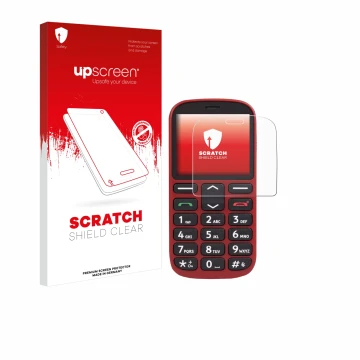 Parte frontal de un envase de producto con el logotipo de la marca upscreen. Al lado se muestra el dispositivo Doro 1360 con s