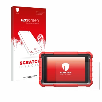 Parte frontal de un envase de producto con el logotipo de la marca upscreen. Al lado se muestra el dispositivo Launch X-431 PR