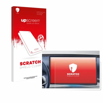 Parte frontal de un envase de producto con el logotipo de la marca upscreen. Al lado se muestra el dispositivo BYD Atto 3 Desi