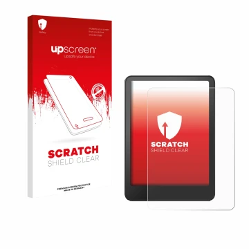 Parte frontal de un envase de producto con el logotipo de la marca upscreen. Al lado se muestra el dispositivo Amazon Kindle P