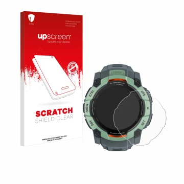 Parte frontal de un envase de producto con el logotipo de la marca upscreen. Al lado se muestra el dispositivo Garmin Instinct