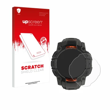 Parte frontal de un envase de producto con el logotipo de la marca upscreen. Al lado se muestra el dispositivo Garmin Instinct