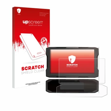 Parte frontal de un envase de producto con el logotipo de la marca upscreen. Al lado se muestra el dispositivo Honda CRF1100L 