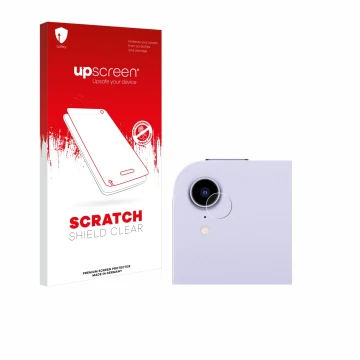 Parte frontal de un envase de producto con el logotipo de la marca upscreen. Al lado se muestra el dispositivo Apple iPad Mini