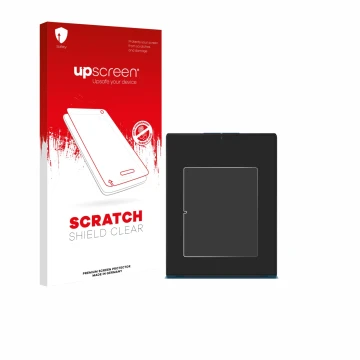 Parte frontal de un envase de producto con el logotipo de la marca upscreen. Al lado se muestra el dispositivo Lenovo Yoga Sli