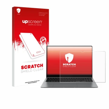 Parte frontal de un envase de producto con el logotipo de la marca upscreen. Al lado se muestra el dispositivo Samsung Galaxy 