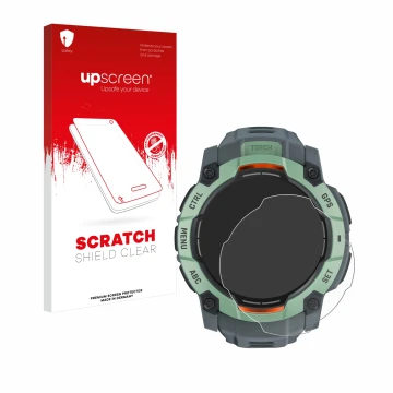 Parte frontal de un envase de producto con el logotipo de la marca upscreen. Al lado se muestra el dispositivo Garmin Instinct