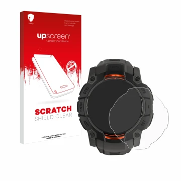 Parte frontal de un envase de producto con el logotipo de la marca upscreen. Al lado se muestra el dispositivo Garmin Instinct