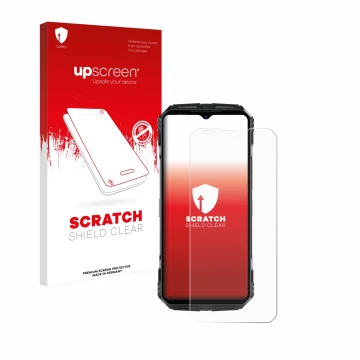 Parte frontal de un envase de producto con el logotipo de la marca upscreen. Al lado se muestra el dispositivo Doogee S118 Pro