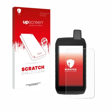 Parte frontal de un envase de producto con el logotipo de la marca upscreen. Al lado se muestra el dispositivo Garmin Montana 