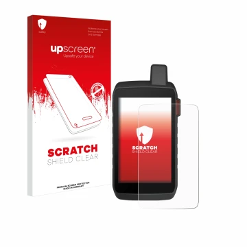 Parte frontal de un envase de producto con el logotipo de la marca upscreen. Al lado se muestra el dispositivo Garmin Montana 