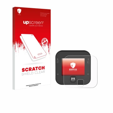 Parte frontal de un envase de producto con el logotipo de la marca upscreen. Al lado se muestra el dispositivo ISDT Q6 Retro c