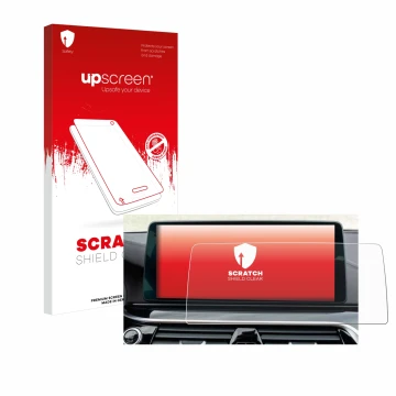 Parte frontal de un envase de producto con el logotipo de la marca upscreen. Al lado se muestra el dispositivo BMW Facelift G3