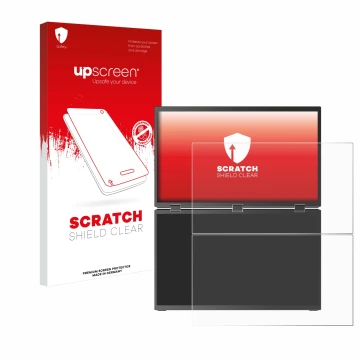 Parte frontal de un envase de producto con el logotipo de la marca upscreen. Al lado se muestra el dispositivo Uperfect UStati