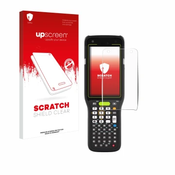 Parte frontal de un envase de producto con el logotipo de la marca upscreen. Al lado se muestra el dispositivo Zebra MC3400 co