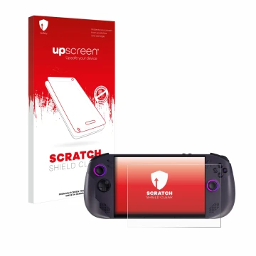 Parte frontal de un envase de producto con el logotipo de la marca upscreen. Al lado se muestra el dispositivo Lenovo Legion G