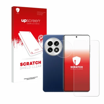 Parte frontal de un envase de producto con el logotipo de la marca upscreen. Al lado se muestra el dispositivo OnePlus 13 (Fro