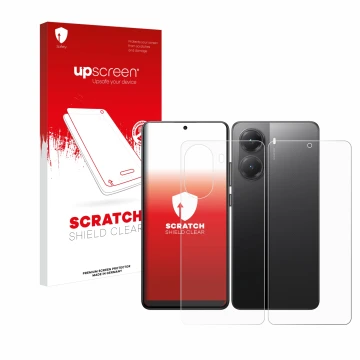 Parte frontal de un envase de producto con el logotipo de la marca upscreen. Al lado se muestra el dispositivo Xiaomi Poco X7 