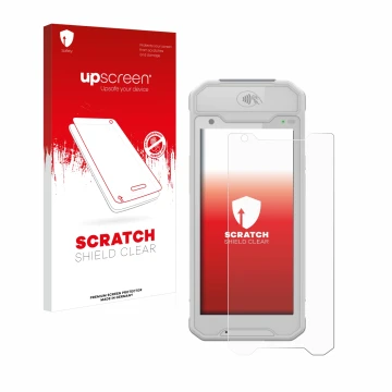 Parte frontal de un envase de producto con el logotipo de la marca upscreen. Al lado se muestra el dispositivo Dojo Pocket con