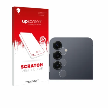 Parte frontal de un envase de producto con el logotipo de la marca upscreen. Al lado se muestra el dispositivo Samsung Galaxy 