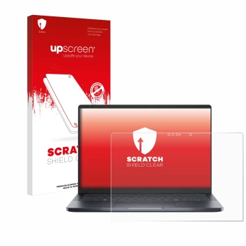 Parte frontal de un envase de producto con el logotipo de la marca upscreen. Al lado se muestra el dispositivo Dell Pro 14 Pre