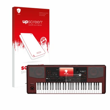 Parte frontal de un envase de producto con el logotipo de la marca upscreen. Al lado se muestra el dispositivo KORG Pa700 con 