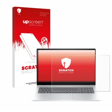 Parte frontal de un envase de producto con el logotipo de la marca upscreen. Al lado se muestra el dispositivo HP Envy 17-da07