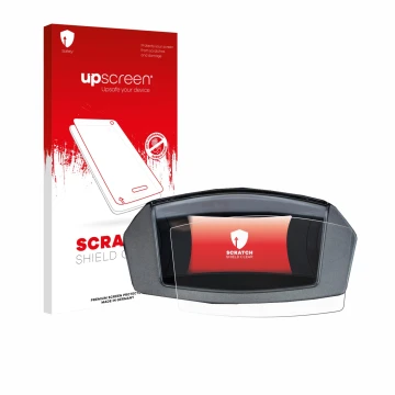 Parte frontal de un envase de producto con el logotipo de la marca upscreen. Al lado se muestra el dispositivo Yamaha NMAX 125