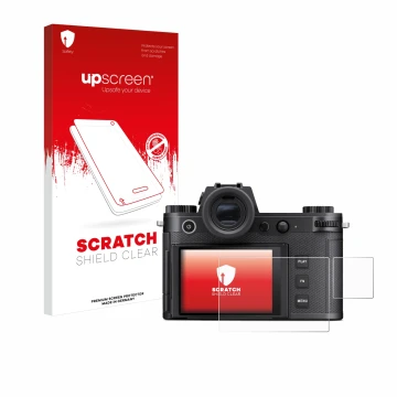 Parte frontal de un envase de producto con el logotipo de la marca upscreen. Al lado se muestra el dispositivo Leica SL3-S (Pa