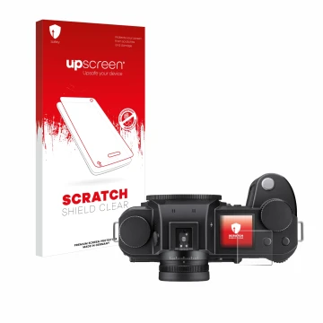 Parte frontal de un envase de producto con el logotipo de la marca upscreen. Al lado se muestra el dispositivo Leica SL3-S (pa