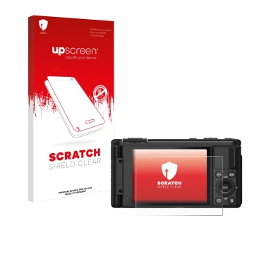 Parte frontal de un envase de producto con el logotipo de la marca upscreen. Al lado se muestra el dispositivo Yashica City 10